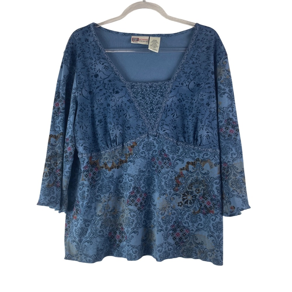 Faded Glory Floral Top Size 18W/20W Blue Empire Waist Boho Patchwork Cottagecore